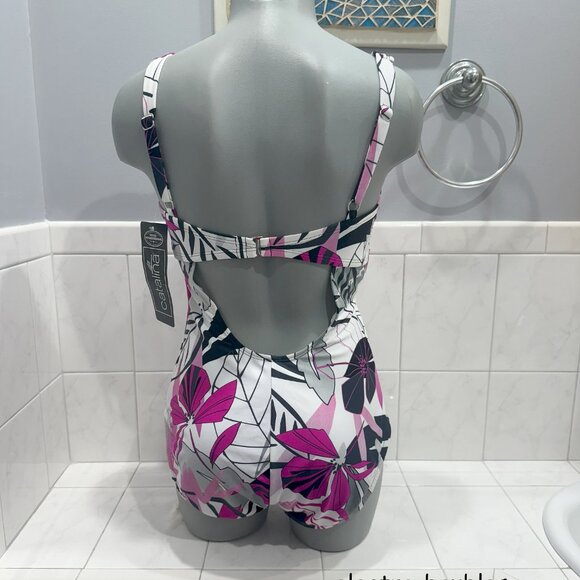 Catalina Swimsuit Med One Piece Floral Racer Back in Black / White & Purple NWT - Picture 2 of 9